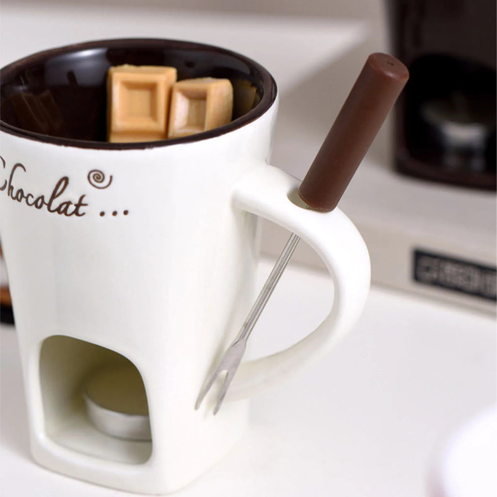 Chocolate Melting Cup Chocolate Melting Fondue Mug Ceramic Butter Warmer Pot Chocolate Melting Supplies with Fork for Kitchen