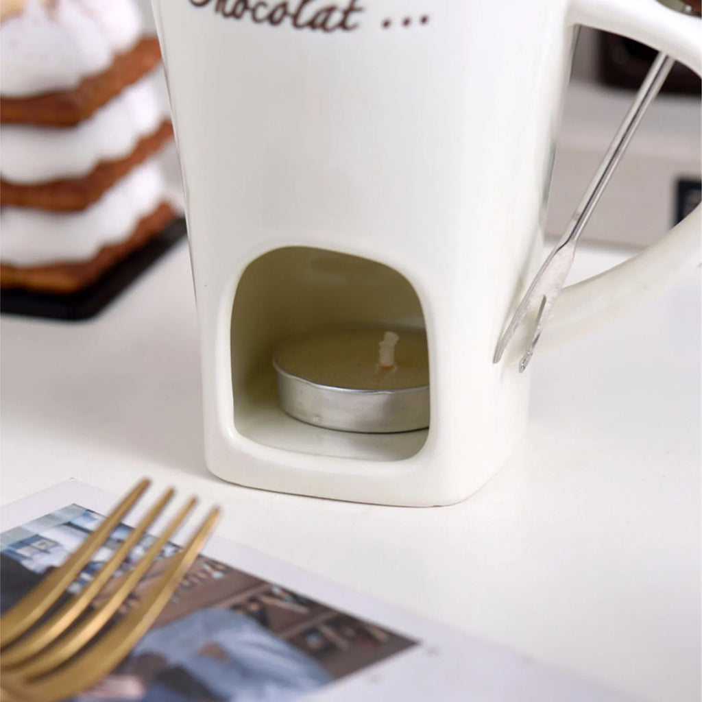 Chocolate Melting Cup Chocolate Melting Fondue Mug Ceramic Butter Warmer Pot Chocolate Melting Supplies with Fork for Kitchen